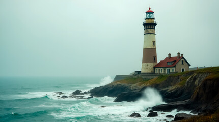 Obraz premium A lighthouse is on a rocky shoreline with the ocean in the background