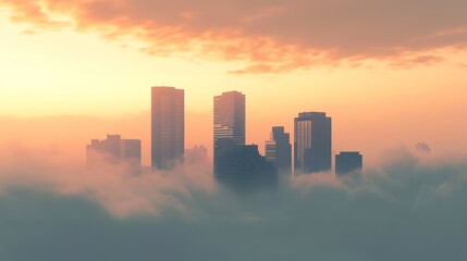 Skyscrapers emerging from fog at sunset in cityscape