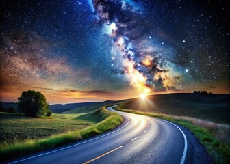 Naklejka premium Night Photography Countryside Roads: Dark Rural Asphalt, Starry Sky, Winding Lanes