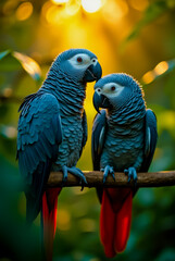 Obraz premium Two blue and red parrots are perched on a branch