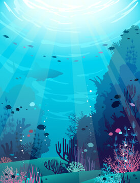 Vector illustration with underwater nature. Seascape with colorful coral reef, shark and school of fish on a blue ocean background. Flora and fauna of the sea.