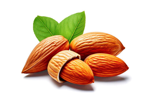 Mandorle e foglie su sfondo bianco