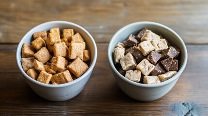 two bowls of food sitting on a wooden table