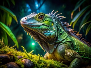 Obraz premium Night Photography: Emerald Iguana in Moonlight, Green Reptile, Large Lizard, Nocturnal Wildlife, Jungle, Tropical Night