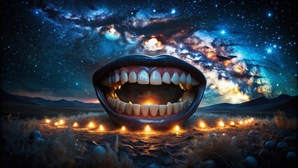 Night Photography: Ethereal Tooth Outlines, Dark Fantasy, Surreal Dental Art, Mysterious Night Scene
