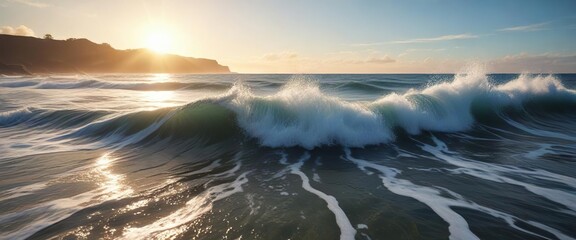 Fototapeta premium Ocean waves roll onto the shore with sunlight shining through the blue water , cliff, water