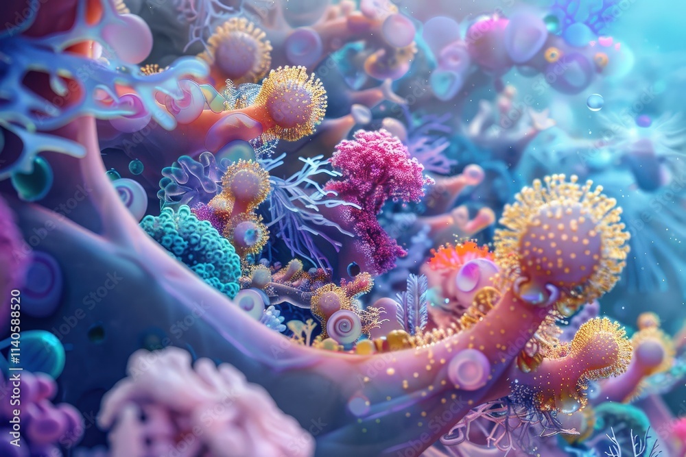 Poster Colorful microscopic view of diverse microorganisms interacting in a vibrant underwater environment captured during daylight