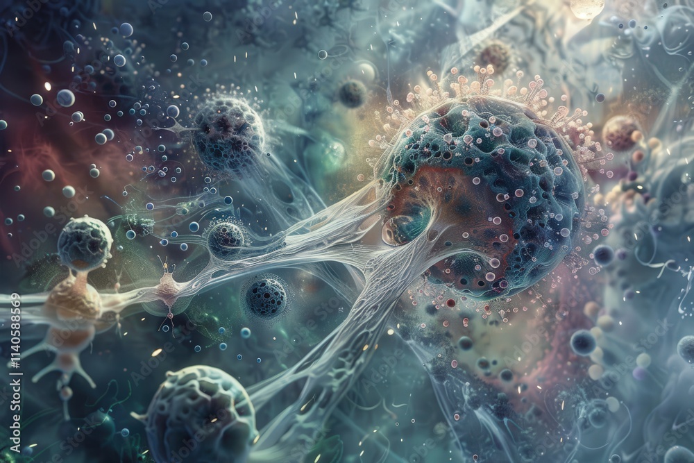 Poster colorful microscopic view of diverse microorganisms interacting in a vibrant underwater environment 