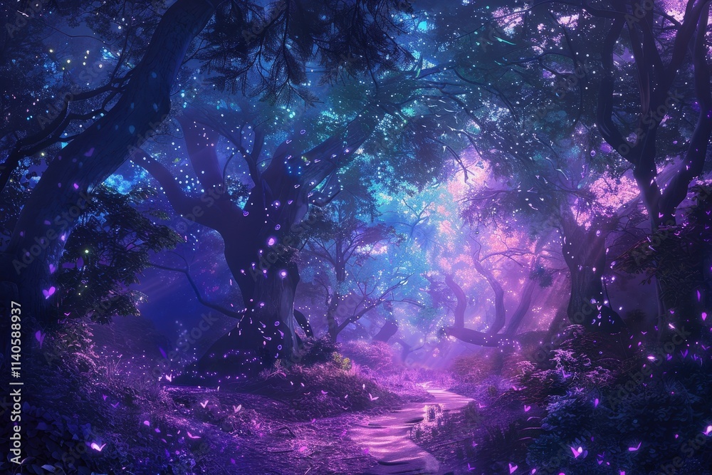 Poster mysterious forest path illuminated by ethereal light in a serene and enchanting blue-hued woodland d