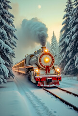 A train is traveling through a snowy forest