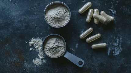 Powder and capsules on dark surface.