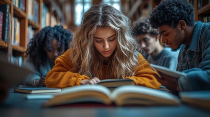 Group of students engaged in focused study in a cozy library setting during afternoon