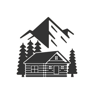 log cabin, foret with mountain logo design