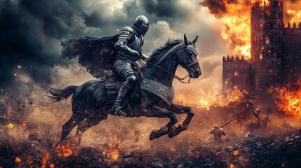 Naklejka premium Medieval knight riding horse during castle siege