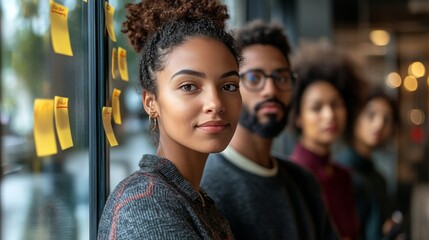 Group of young professionals engaged in collaborative brainstorming session in modern workspace