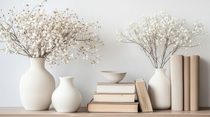 Fototapeta premium a shelf with vases and books on it
