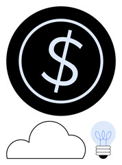 Dollar symbol inside a black circle suggests business, cloud outline represents technology, lightbulb for ideas and innovation. Ideal for finance, tech, innovation, business strategies, investments