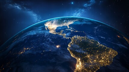 Planet earth rotating showing north and south america at night from space