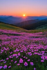 Breathtaking Sunrise Over Vibrant Flower Field in Colorful Landscape with Lush Mountains and Soft Hues of Morning Sky Illuminating the Nature's Beauty