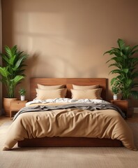 Cozy double bed in light brown bedroom with plants, peaceful haven , cozy reading nook