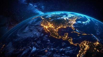 Obraz premium Planet earth rotating showing north and central america at night from space