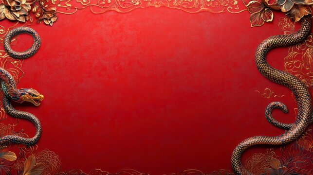 Elegant Red Background with Decorative Snakes and Floral Elements for Chinese New Year Celebrations and Festive Occasions