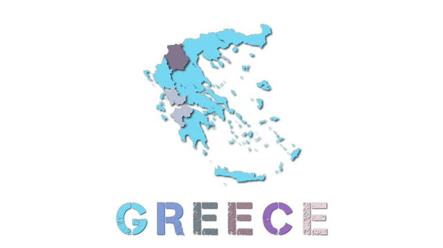 Greece map with paper regions. Animated country map growing from regions and title letters falling down. Amazing 4k animation.