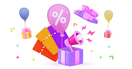 Purple gift surrounded by discount coupons and balloons Christmas and exclusive benefits concept