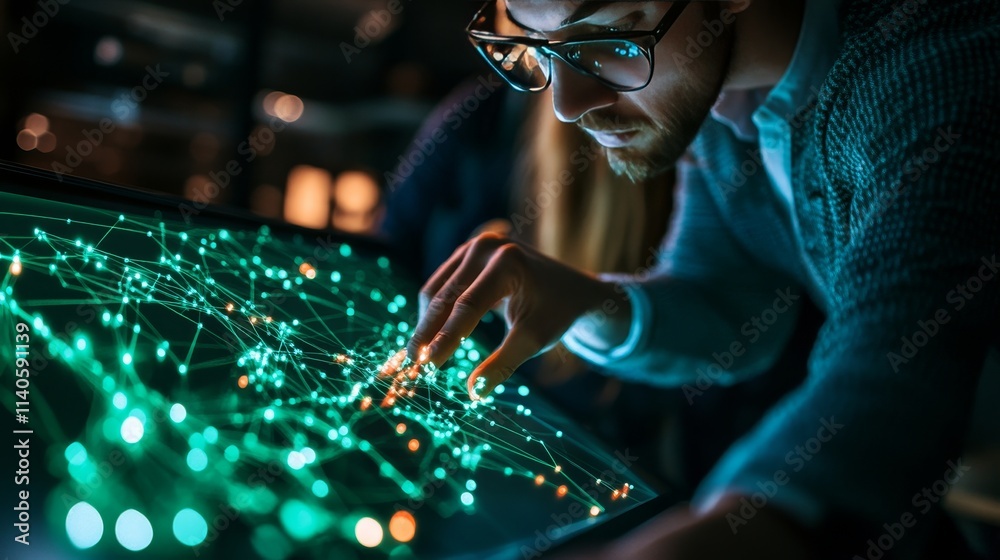 Poster engaging with a digital interface showcasing interconnected nodes and vibrant data patterns during a