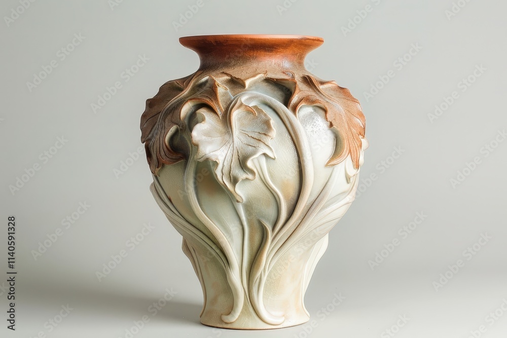 Poster Decorative ceramic vase with floral design displayed against textured stone background in a bright indoor setting
