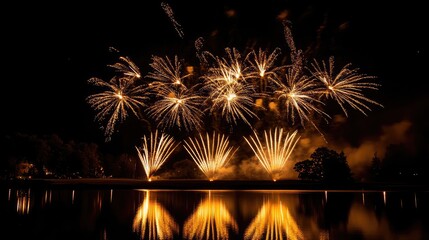 Spectacular fireworks display over a calm lake at night. The golden bursts illuminate the dark sky and are reflected beautifully on the water's surface.