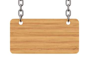 Wooden signboard hanging from chains on white background. Isolated 3D illustration