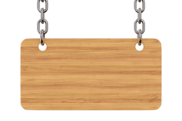 Wooden signboard hanging from chains on white background. Isolated 3D illustration
