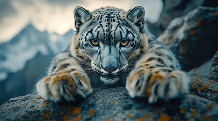 Obraz premium Majestic snow leopard crouching on rocky terrain with mountains in the background during twilight hours