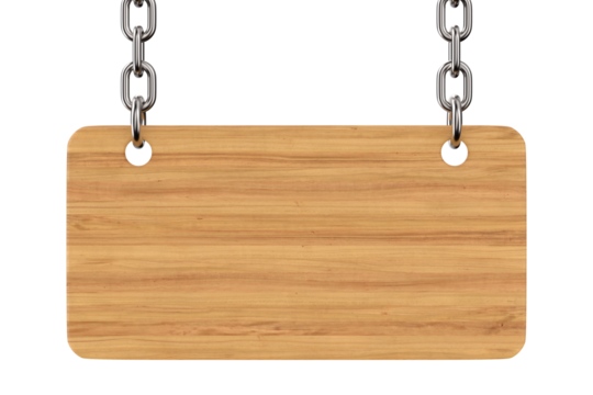 Wooden signboard hanging from chains on white background. Isolated 3D illustration