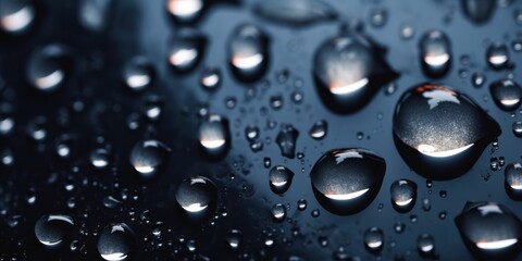 Close up of water droplets on dark black background. Water droplets concept