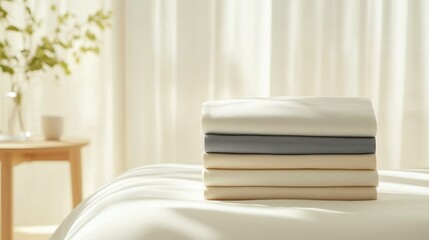 Soft, neatly stacked bed linens on a light-colored bed in a bright, airy room with natural light illuminating the space