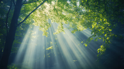 Obraz premium Serene misty rainforest, sunlight filtering through canopy, evokes peace and tranquility