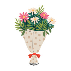 Bright bouquet with flowers. White and pink daisies. Happy Valentine's Day greeting card. Beautiful bouquet in wrapping paper, tied with red ribbon with bow.