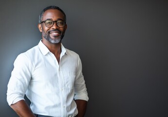 Obraz premium Confident African American Man in Formal Attire Smiling at Camera Against a Dark Background, Perfect for Professional and Corporate Themes