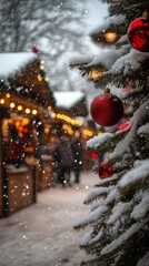 Red christmas balls hanging on snowy pine tree at christmas market