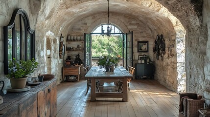 A beautifully preserved arched stone doorway, opening into a vintage dining room with herringbone wooden floors, a farmhouse-style table, and walls adorned with aged mirrors. Rustic sophistication,