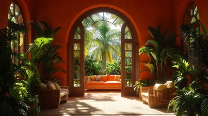 Fototapeta premium A brightly colored arched doorway, painted in vibrant tropical hues, leading into a lush living room filled with tropical plants, wicker furniture,