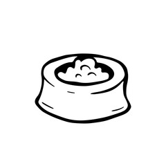 Pet Food Bowl. Caring for domestic cats and dogs. Sketch style Illustration for Pet shops, logo, postcards. Funny Crooked doodle vector icon.