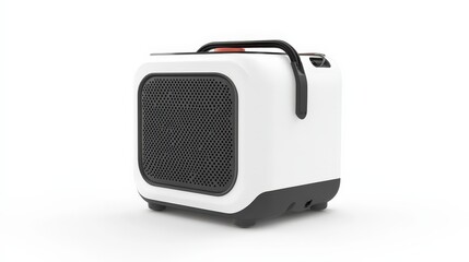 Compact portable white speaker with black handle and grille design on a minimalist background