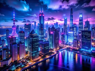 Fototapeta premium Night Photography Ultra Violet Blue Cityscape - Neon Lights, Dark Sky, Deep Blue Hues