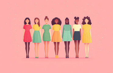 Group of women are standing in a row, all wearing different colored dresses. Concept of unity and diversity, as the women come together despite their differences in appearance