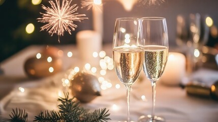 Two glasses of sparkling wine sit on a table decorated for a festive occasion. Warm lights and sparkling fireworks add to the celebratory atmosphere.