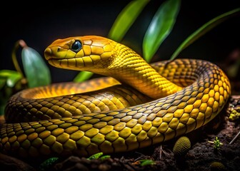 Fototapeta premium Night Photography: Yellow Snakes, Reptiles, Nocturnal Wildlife, Herpetology, Snake Images, Dark, Shadows, Close-up, Detailed, Venomous, No