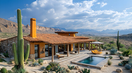 Fototapeta premium A captivating photography of a desert resort built with sustainable architecture, using earthy tones, natural materials, and seamless integration into the arid landscape.